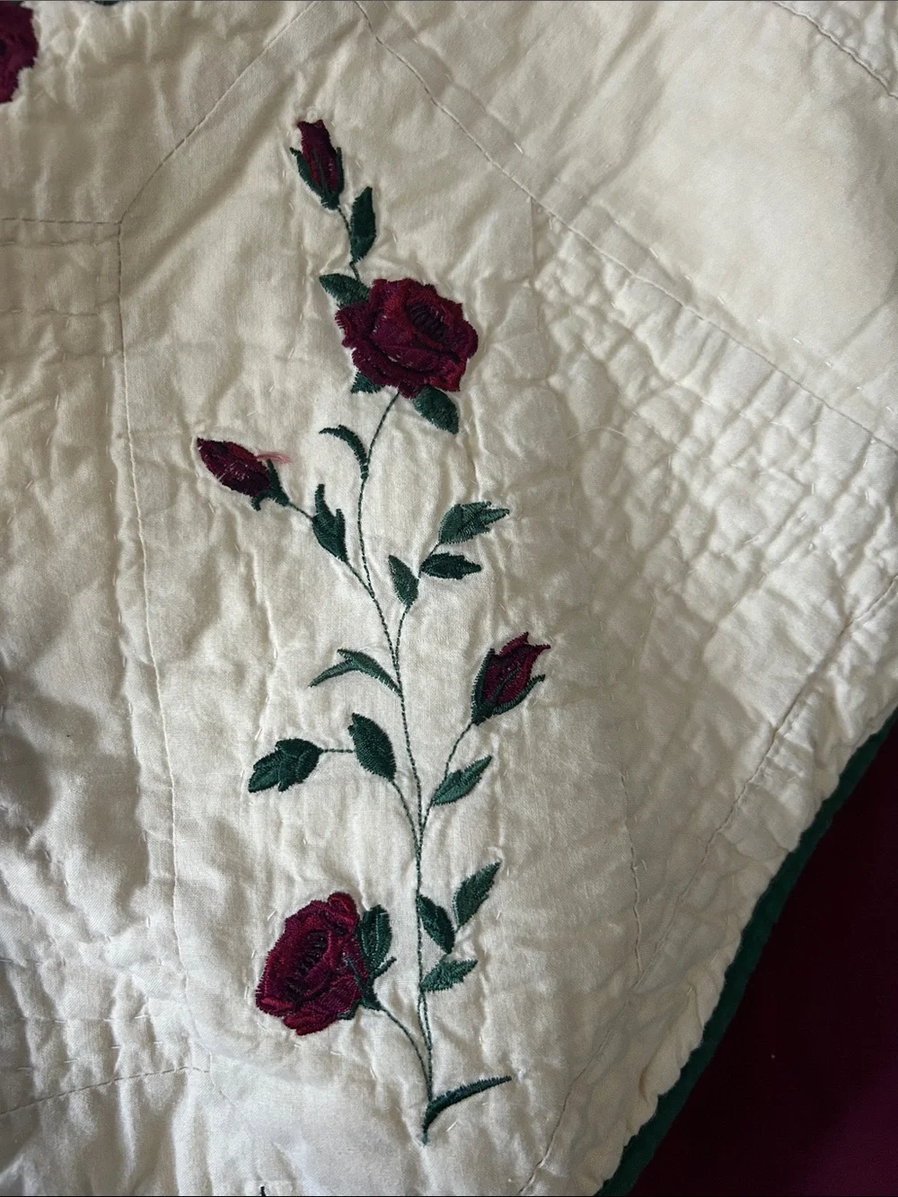 Embroidered Rose Quilted Pillow Sham Set - Cream with Burgundy & Green